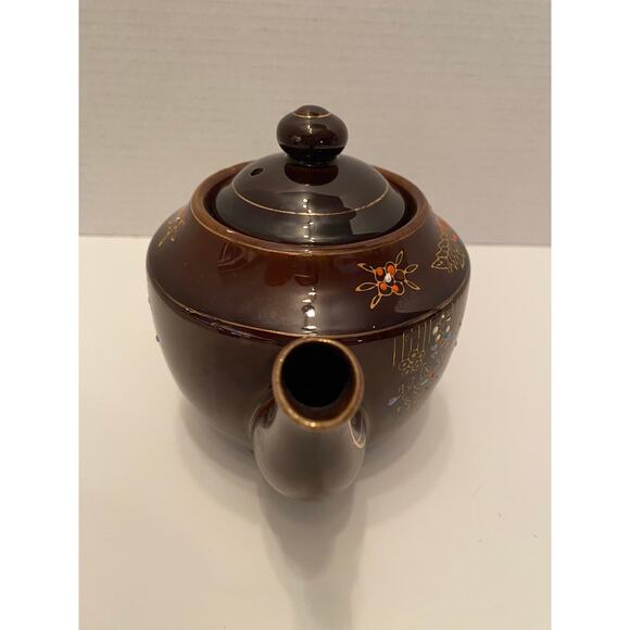 Vintage Moriage Redware Brown Oriental Tea Pot, Hand Painted Beaded - Picture 2 of 10